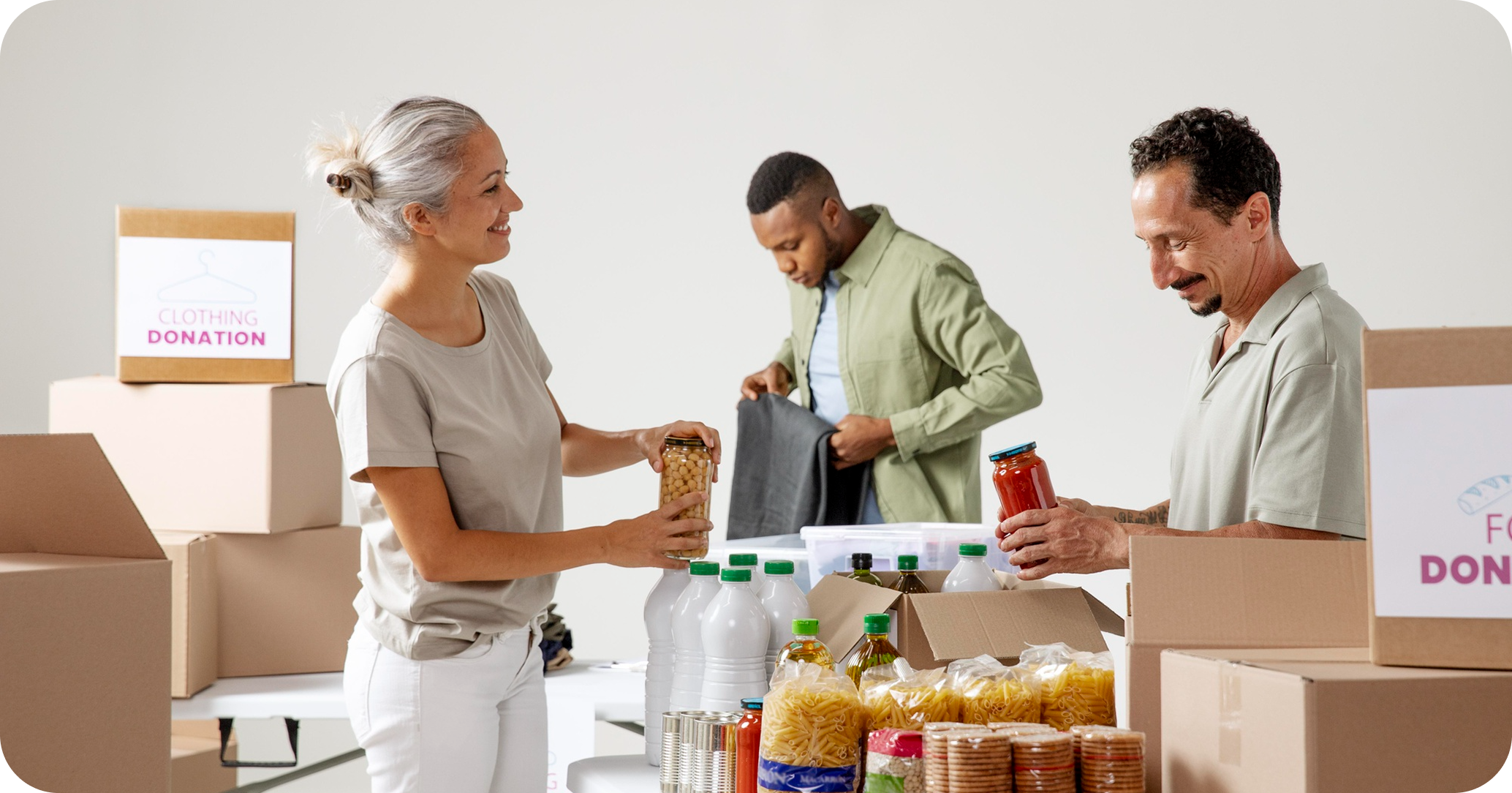 Volunteers sorting food and supplies into donation boxes