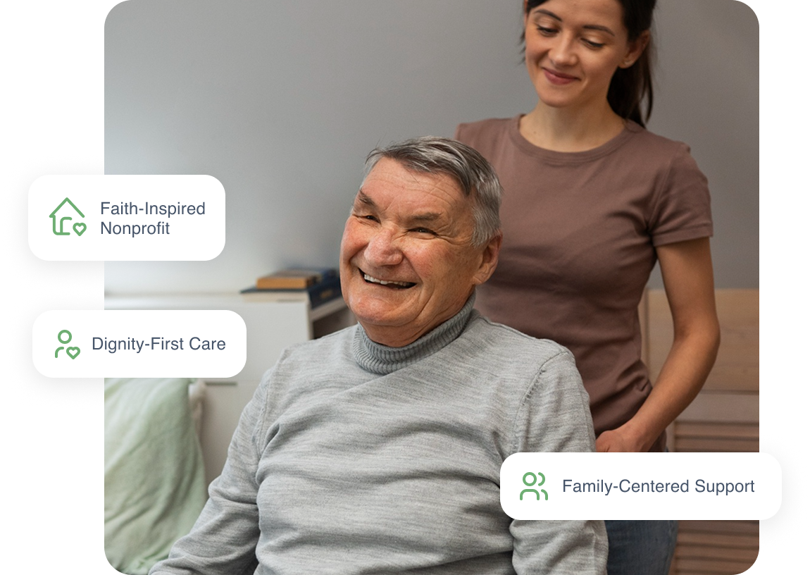 A caregiver embracing an older resident in a warm, light-filled home