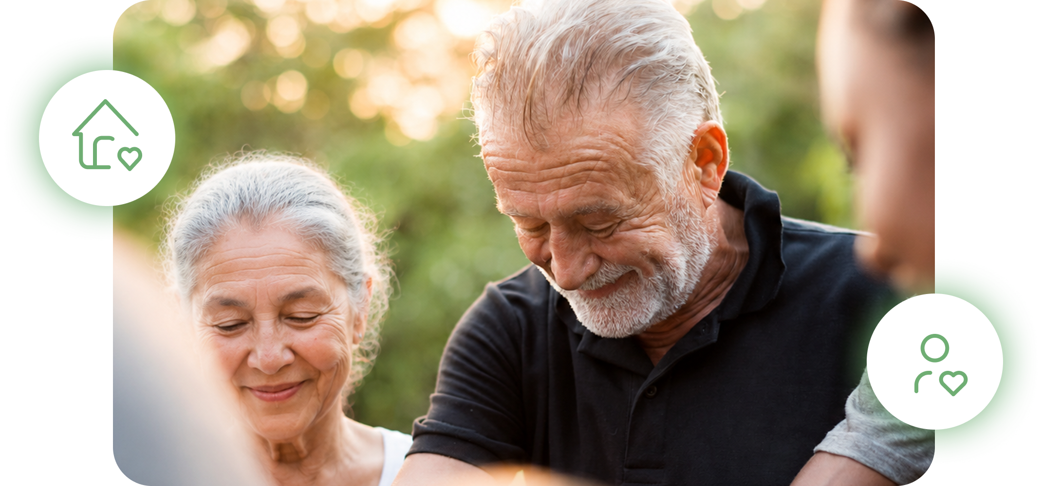An older couple sharing a tender, peaceful moment outdoors